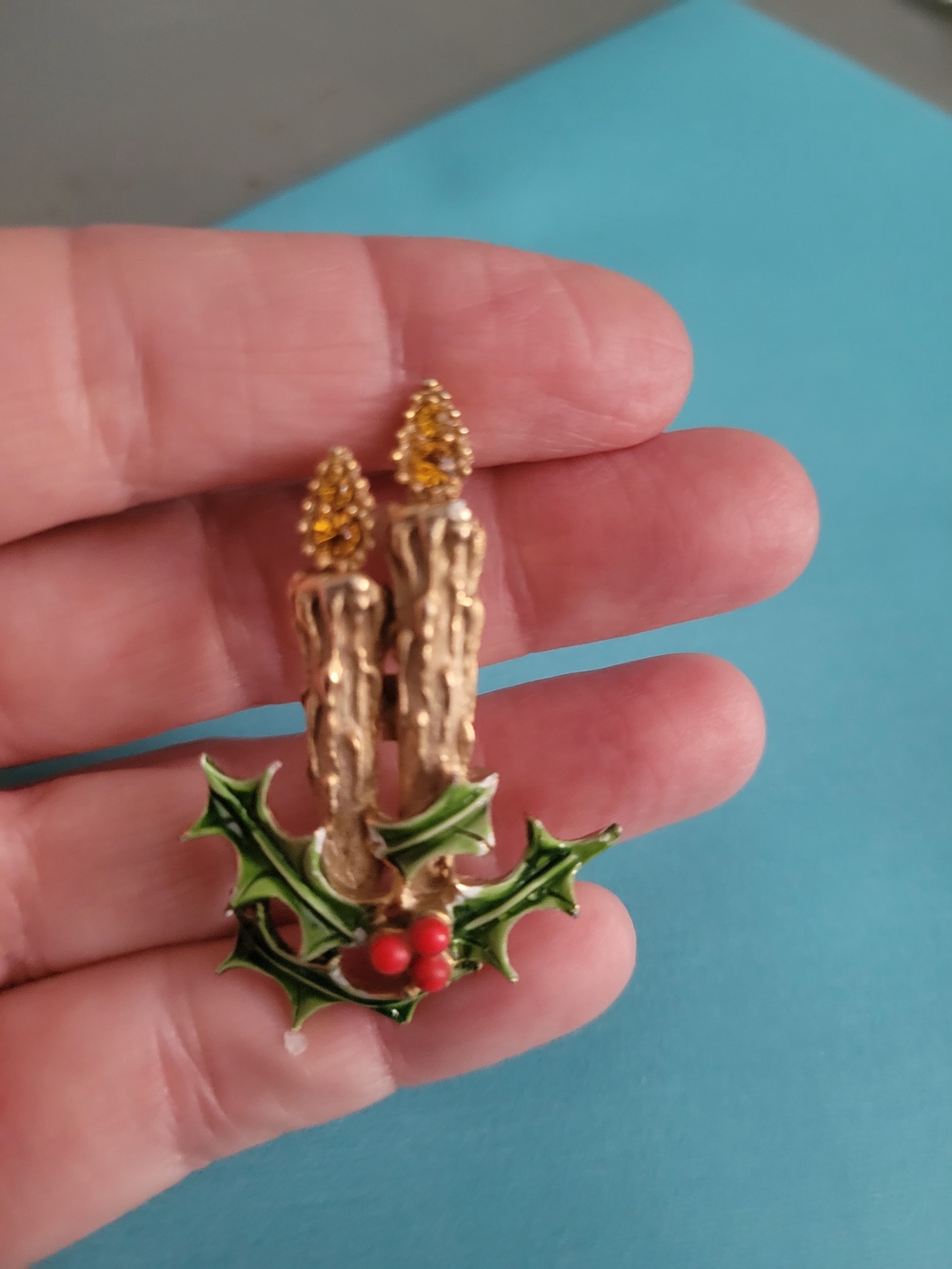 Festive Gold Candle and Holly Earrings - Green & Red